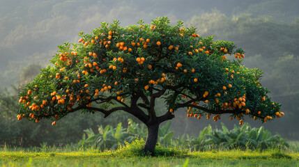 Fully grown mango tree laden with ripe fruits during a picturesque morning in a lush orchard. - obrazy, fototapety, plakaty