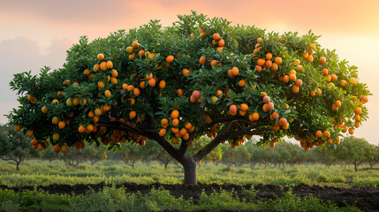 Fully grown mango tree laden with ripe fruits during a picturesque sunset in a lush orchard. - obrazy, fototapety, plakaty