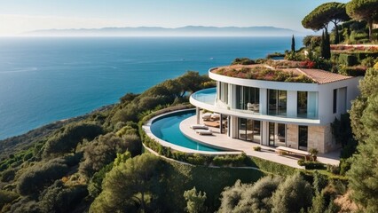 Describe the breathtaking view as you approach the modern villa, surrounded by lush Italian landscapes and the glittering Mediterranean in the distance - obrazy, fototapety, plakaty