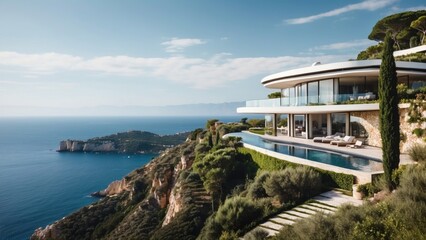 Obraz premium Describe the breathtaking view as you approach the modern villa, surrounded by lush Italian landscapes and the glittering Mediterranean in the distance