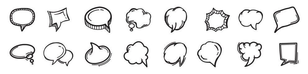 Set of hand drawn speech bubbles. Cartoon comic sketch balloons, clouds for communication drawing. Vector illustration.