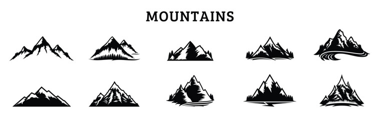 Set of mountain and outdoor adventures logo on mountain landscape background. - obrazy, fototapety, plakaty