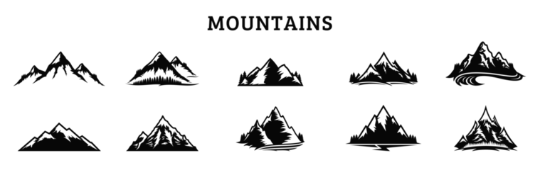 Fotobehang Set of mountain and outdoor adventures logo on mountain landscape background. © Rawaha