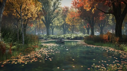 A secluded pond surrounded by trees with leaves in the midst of their autumn transformation, creating a peaceful and reflective oasis.