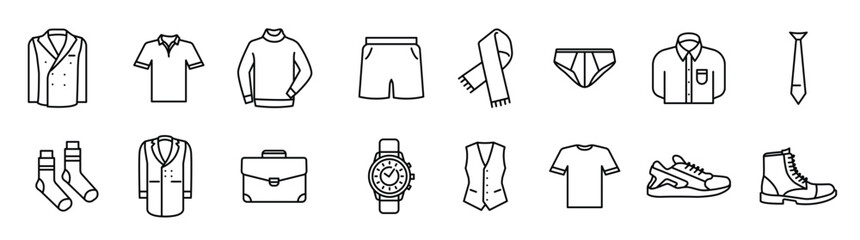  Simple Set of Man Clothes. Vector Line Icons. Editable Stroke. Pixel Perfect. Vector illustration. - obrazy, fototapety, plakaty