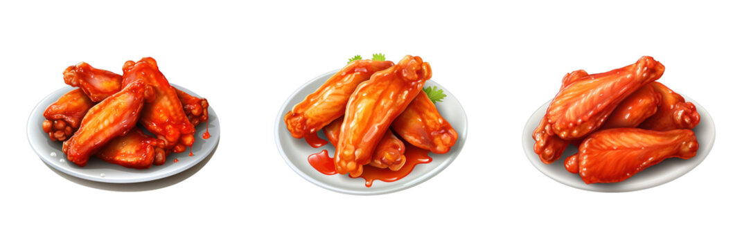 A vibrant 3D icon set of chicken wings on plates, perfect for menus, events, and culinary themes.