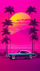 Schilderijen op glas Neon pink retro vacation illustration with palm trees.  © Elle Arden 