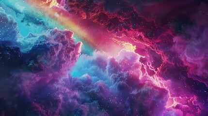 Vibrant cosmic clouds with a rainbow, depicting a surreal, colorful nebula in outer space.