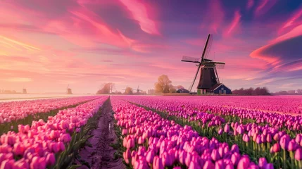 Fotobehang Dutch windmill at sunset with vibrant tulip field in the foreground. © ardanz