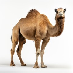 Single Bactrian camel standing against a white background, full body visible.