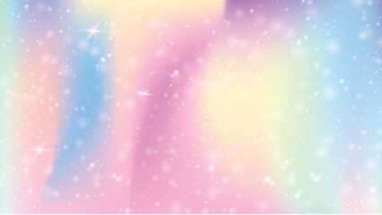 Unicorn background with rainbow mesh. Mystical universe banner in princess colors. Fantasy gradient backdrop with hologram. Holographic unicorn background with magic sparkles, stars and blurs. Vector 