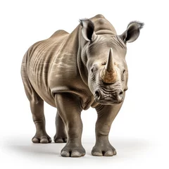 Foto op Aluminium Single adult rhinoceros standing isolated on a white background, full body visible, looking at the camera. © ardanz