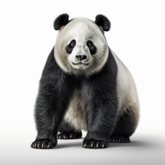 Giant panda sitting against a white background, looking at the camera with a calm expression.