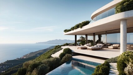 Obraz premium Describe the breathtaking view as you approach the modern villa, surrounded by lush Italian landscapes and the glittering Mediterranean in the distance