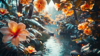 wide angle shot, in the jungle, stream running through, detailed, editorial photography, phosphorescent flowers, ethereal glow through the treetops; neoncore, cinematic