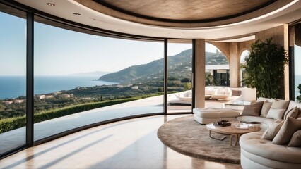 Fototapeta premium Describe the breathtaking view as you approach the modern villa, surrounded by lush Italian landscapes and the glittering Mediterranean in the distance