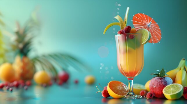 A delicious and refreshing colorful cocktail with various fruits such as oranges pineapples and peach slices served in a glass with a cute umbrella on top This image is computer generated