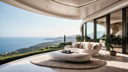 Fototapeta premium Describe the breathtaking view as you approach the modern villa, surrounded by lush Italian landscapes and the glittering Mediterranean in the distance