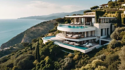 Foto auf Acrylglas Describe the breathtaking view as you approach the modern villa, surrounded by lush Italian landscapes and the glittering Mediterranean in the distance © Damian Sobczyk