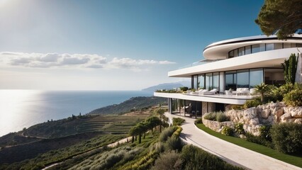 Describe the breathtaking view as you approach the modern villa, surrounded by lush Italian landscapes and the glittering Mediterranean in the distance