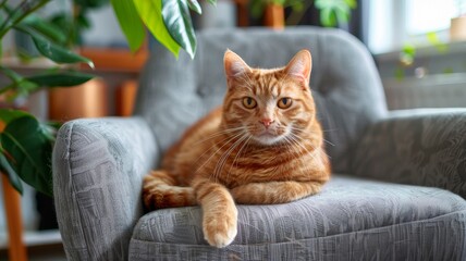 A cute cat peacefully sleeps on a gray armchair in the cozy ambiance of the living room.