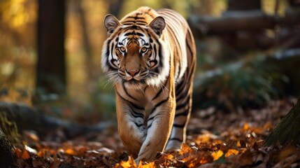striped tiger walks in the forest. It conveys elegance. and awe - Powered by Adobe