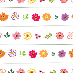 Seamless Pattern with Flower Art and Line Design on White Background