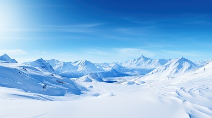 High mountains covered with white snow Amidst the bright blue sky It represents the purity and perfection of nature.