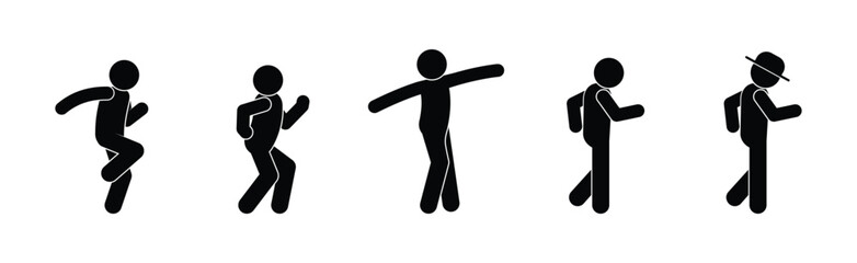 stick figure man, human silhouettes, poses and gestures icons set