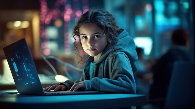 Girl coding on computer, future of technology, STEM education, promoting children's talents