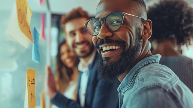 Smiling team members gather around a whiteboard actively engaging in a training session focused on building a positive workplace culture.
