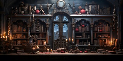 3D rendering of an old bookshelf with books and candles