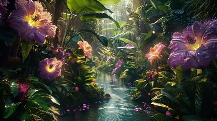 wide angle shot, in the jungle, stream running through, detailed, editorial photography, phosphorescent flowers, ethereal glow through the treetops; neoncore, cinematic