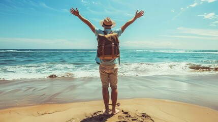 Happy man with backpack standing with arms up at the beach - Delightful tourist enjoying summer vacation by the seaside - Traveling life style and well being concep, Happy Generative Ai