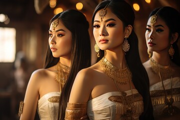 Women dressed in traditional Thai costumes It conveys culture and beauty.