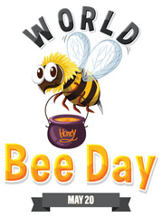 Cartoon bee with honey pot celebrating World Bee Day