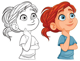 Illustration of a girl thinking, in sketch and color