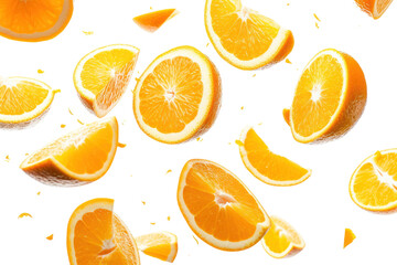 Thin slices of oranges and oranges fall. Isolated transparent background.