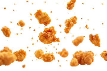Fried chicken flying out of a cardboard bucket isolated on a white transparent background.