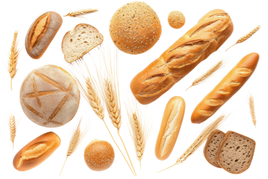 Various types of bread Flying wheat ears isolated on transparent background.