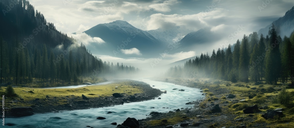 Sticker a river winds its way through a dense, vibrant green forest in the foggy altai mountains. the rivers