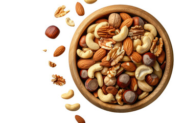 Wooden bowl with mixed nuts,Isolated on a transparent background.