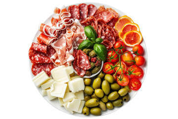 Top view of plate of Italian antipasto food isolated on white transparent background.