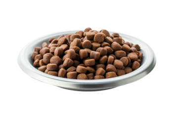 Dry dog food in bowl isolated on transparent white background.