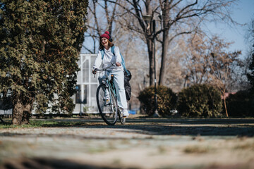 Active senior woman enjoying a leisurely bike ride in a picturesque park setting.