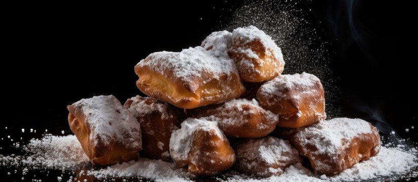 A stack of French pastries called oreillettes coated in a generous amount of powdered sugar, arranged neatly on a black background.