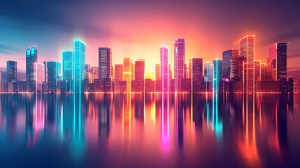 Futuristic cityscape with neon-lit skyscrapers reflecting on a glassy surface