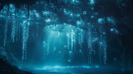 Magical underwater cavern adorned with bioluminescent flora - obrazy, fototapety, plakaty