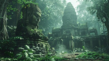 Lost ruins in a dense jungle, with ancient statues half-covered by foliage