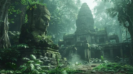 Poster de jardin Vieil immeuble Lost ruins in a dense jungle, with ancient statues half-covered by foliage